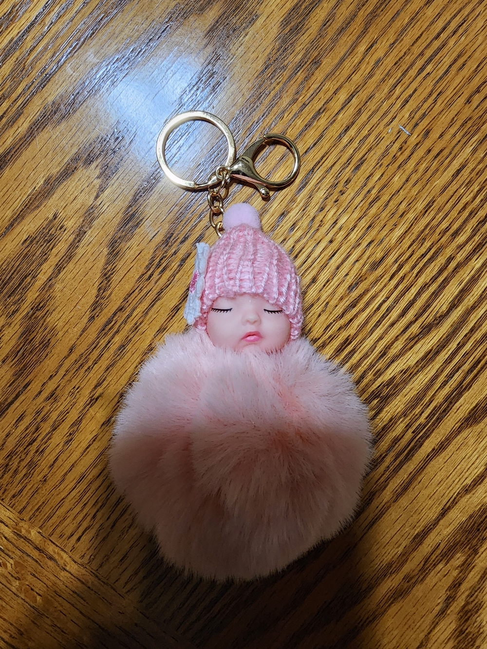 Pink Sleeping Baby Pom Keychain Bag Charm